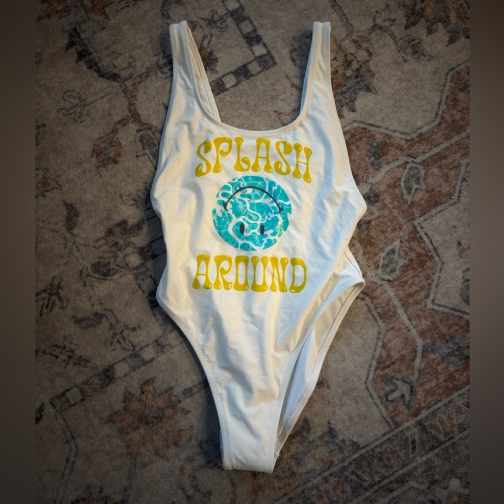 Aerie White One-Piece with Yellow and Blue Graphic